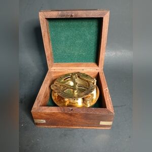 Brass Sundial Compass in Wooden Box